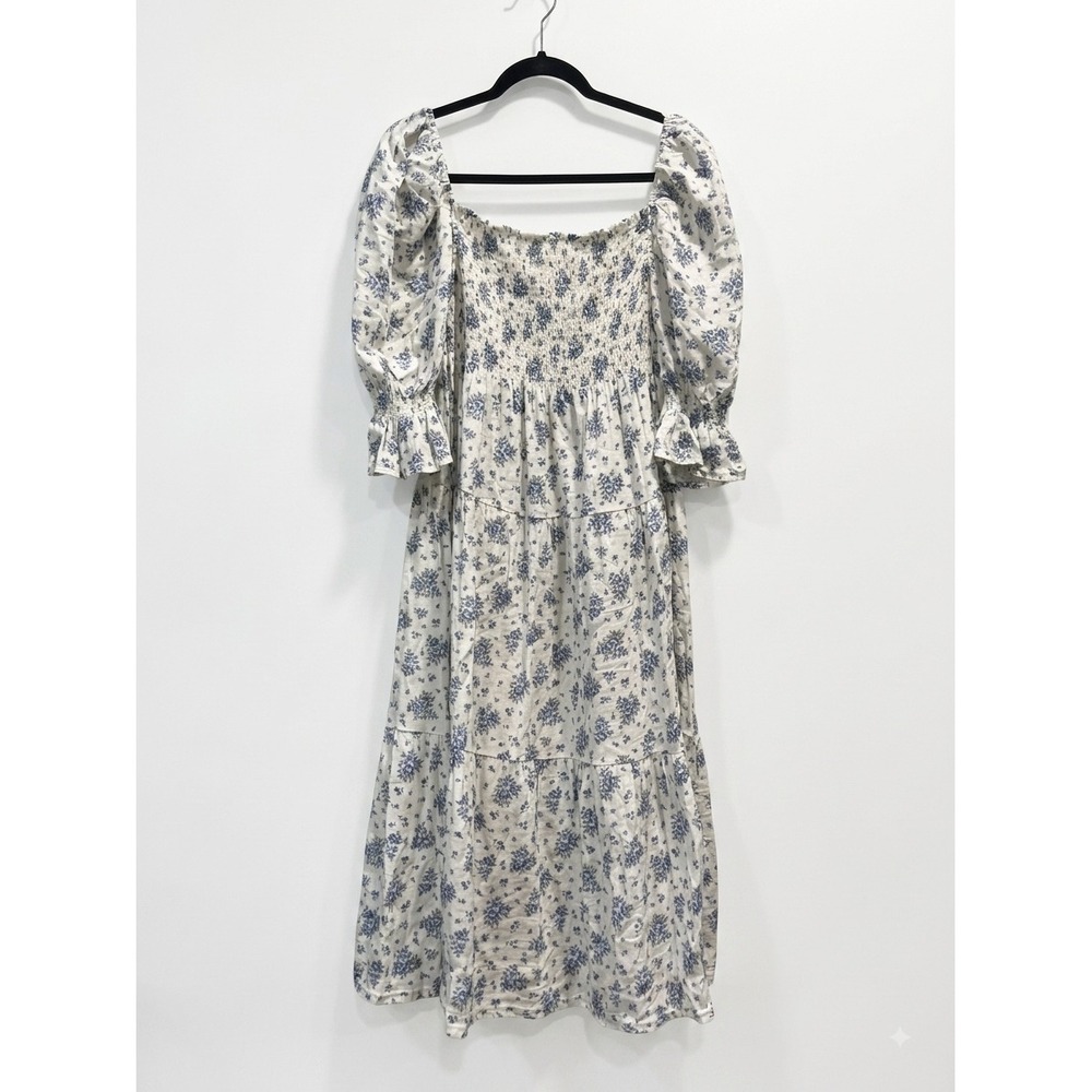 Nothing Fits But Floral Smocked Cotton Midi Dress Puff Sleeve Blue White L/XL